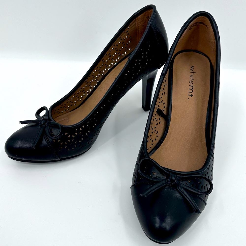 White Mountain Black Heel Shoes Women 8M Eyelet Bow Closed Toe Office Candice